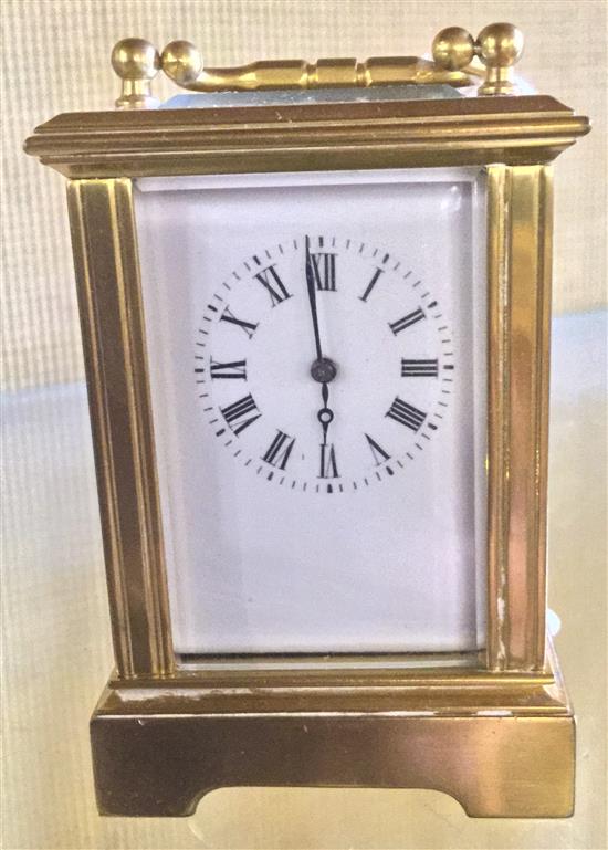 French gilt brass miniature carriage clock, leather travelling case